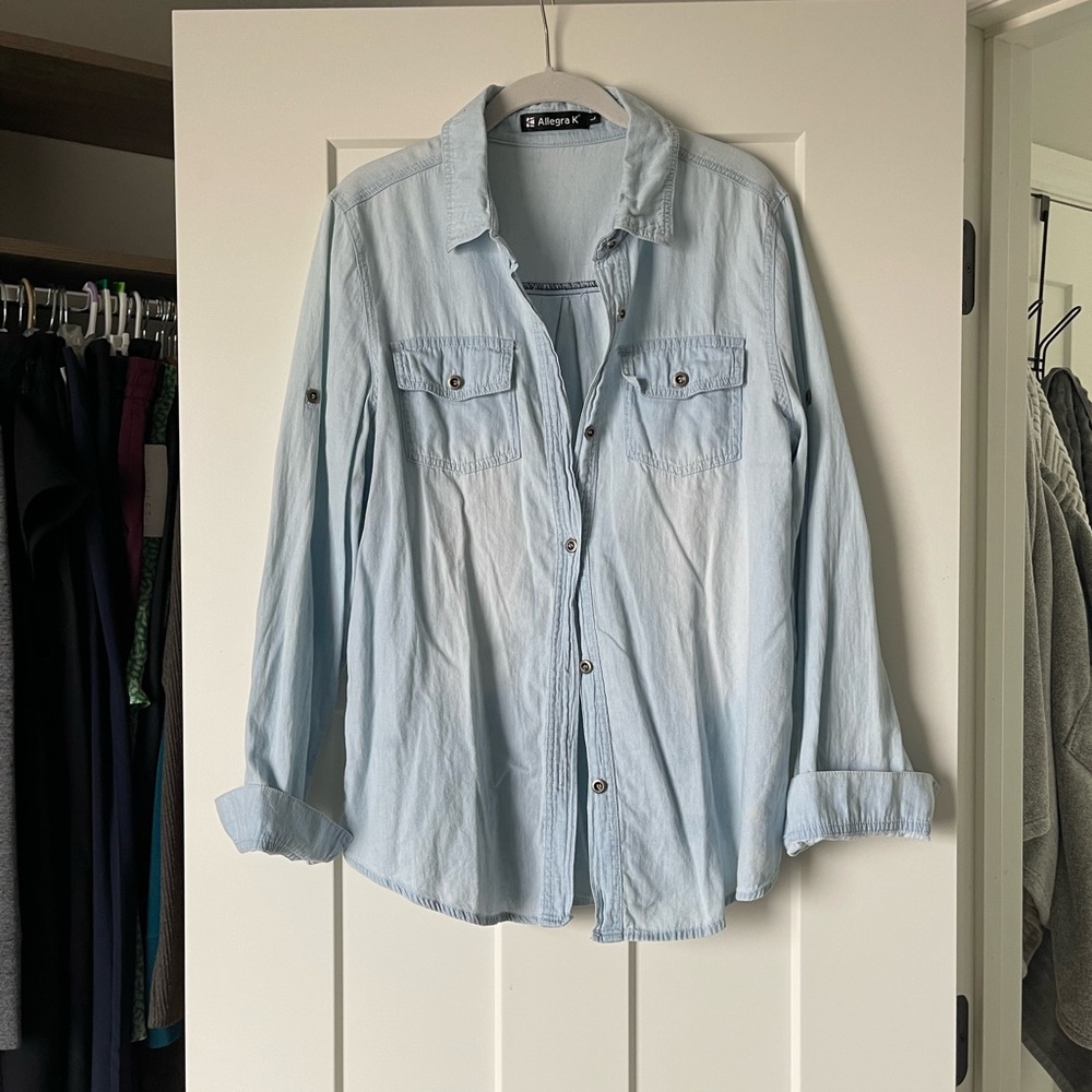 Distressed Chambray Button-Up Top
